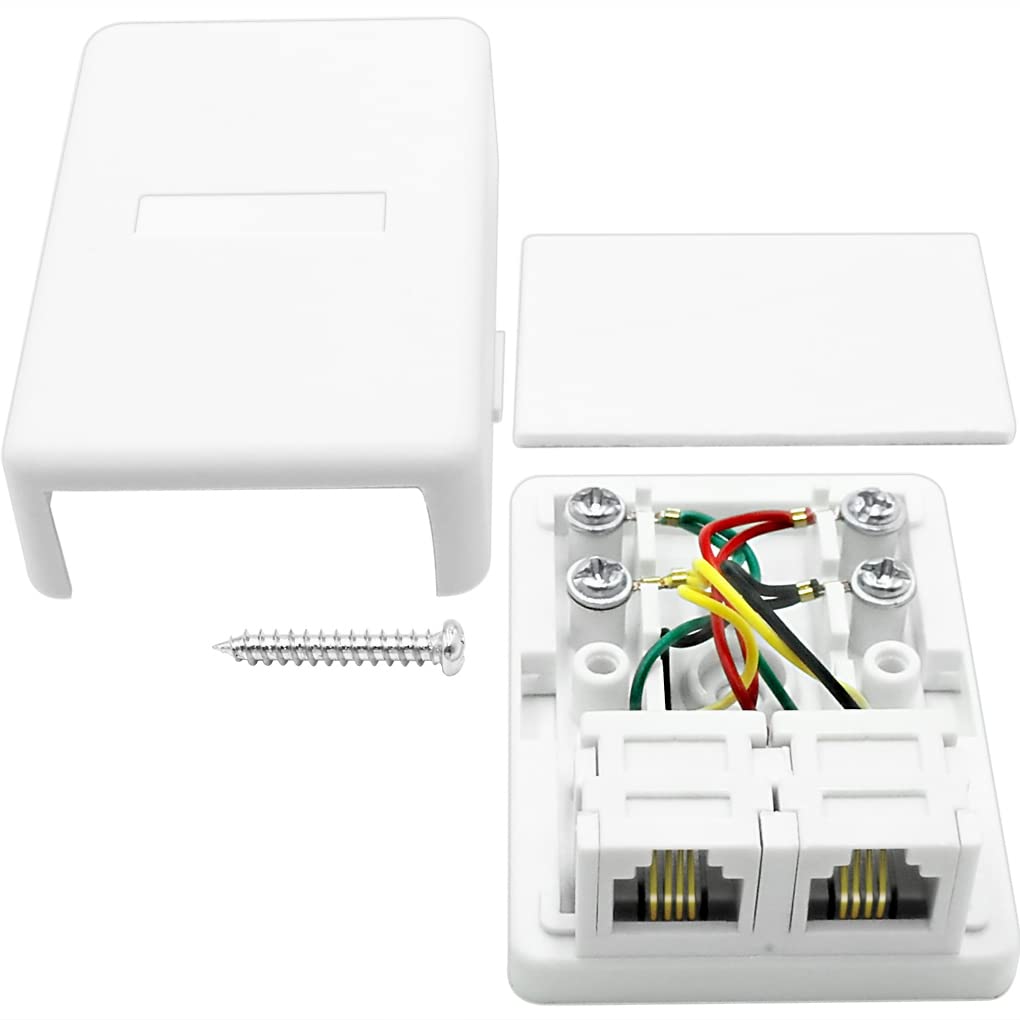 NECABLES Phone Jack Surface Mount Dual Port Telephone Jack Box 4 Screw Terminals to 2 RJ11 6P4C Female White