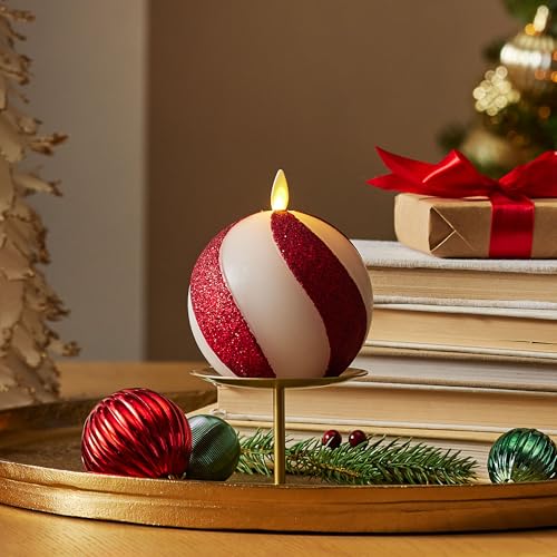 Luminara - Flameless Holiday Crystal Beads Glitter Sphere Candle - Candy Cane Red - Pack of 1-4x4.25 - Auto Timer Built-in 5-Hour Timer Indoor Use
