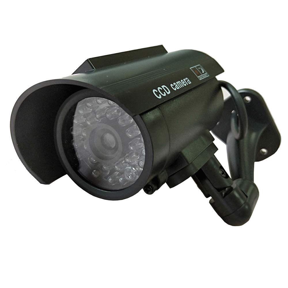 Solar Powered Dummy Fake Security Camera Bullet CCTV Surveillance with Simulated LED Realistic Red Flashing Light and Security Warning Sticker Decal