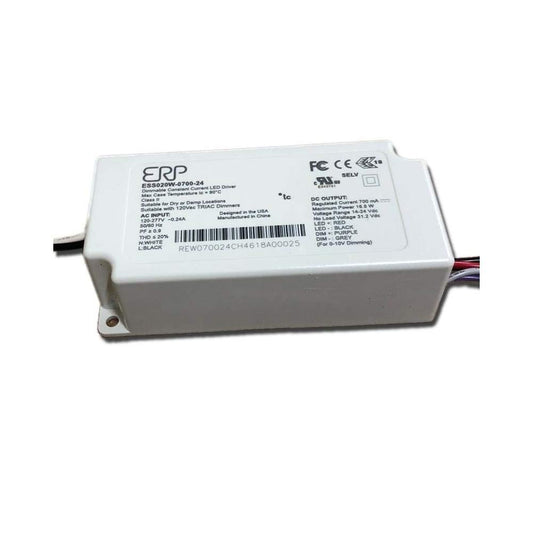 ERP Power ESS020W-0700-24 CC LED Power Supply 120-277 Vac, 87% eff, Rectangular ESS Plastic Case, Forward/Reverse Phase & 0-10V dimming, 1-100% dim