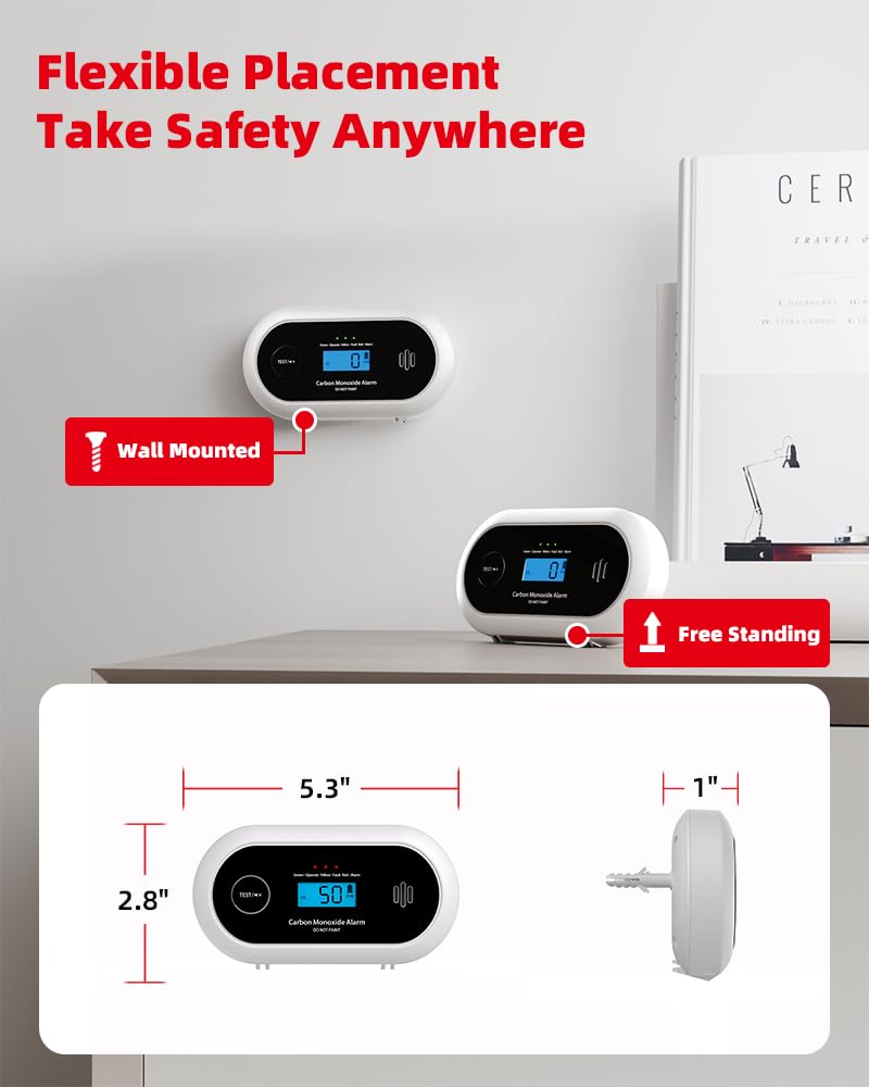 KIMROG 10-Year Battery Carbon Monoxide Detector, Portable Travel CO Detector Alarm for Home, Garage, RV, Camping, LCD Display with Backlight, V-0