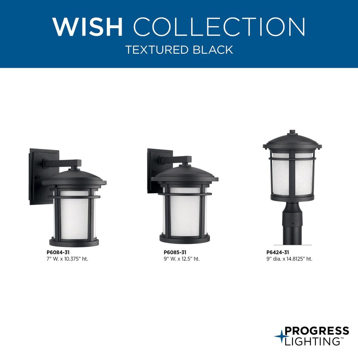 Progress Lighting Wish Collection 1-Light Etched White Linen Glass Craftsman Outdoor Small Wall Lantern Light Textured Black