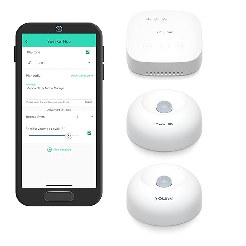 YoLink SpeakerHub & Two Motion Sensor Smart Home and Security Kit - Audio Hub Plays Tones/Sounds, Spoken Messages, LoRa-Powered ¼ Mile Range, WiFi