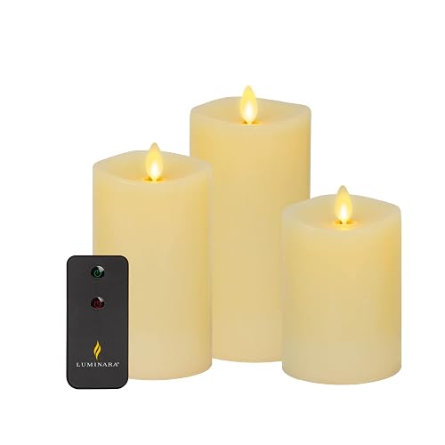 Luminara Realistic Flameless LED Set of 3 Ivory Pillar Candles, Home Safe Moving Flame Melted Top Illumination, Battery Operated Remote Control