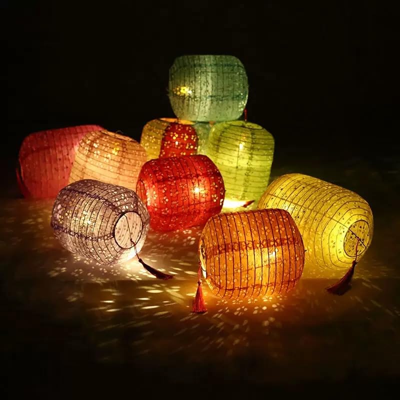 10PCS Colorful Paper Lanterns 6inches Oval Shaped with LED Lights Hollow Out Hanging with Tassels Walking Sticks for Wedding Dinner Party Outdoor