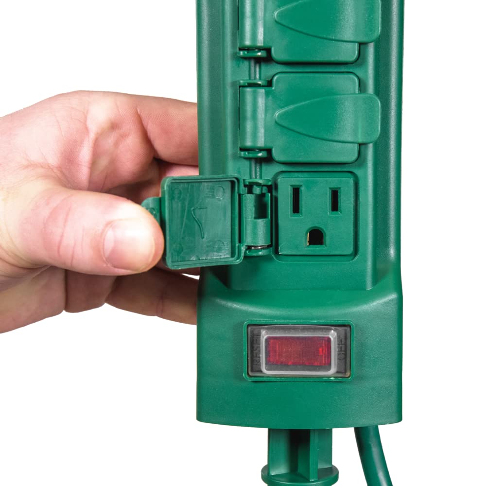 VOLT 120V Outdoor Power Stake with Timer, 6 Grounded Outlets & 6-Foot Extension Cord (Green) for Christmas Lights, Halloween Decorations, Bistro