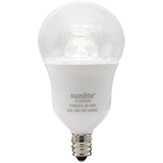 Sunlite 80135 LED A15 Appliance Clear Light Bulb, 6 Watts (40W Equivalent), 450 Lumens, Candelabra Base (E12), 90 CRI, Dimmable, ETL Listed, Ceiling