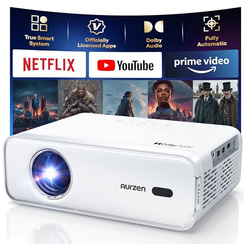 Aurzen EAZZE D1 Smart Projector with WiFi and Bluetooth, Officially-Licensed APP, Auto Focus/Keystone, DoIby Audio 16W Speakers, Native 1080P, HDR10
