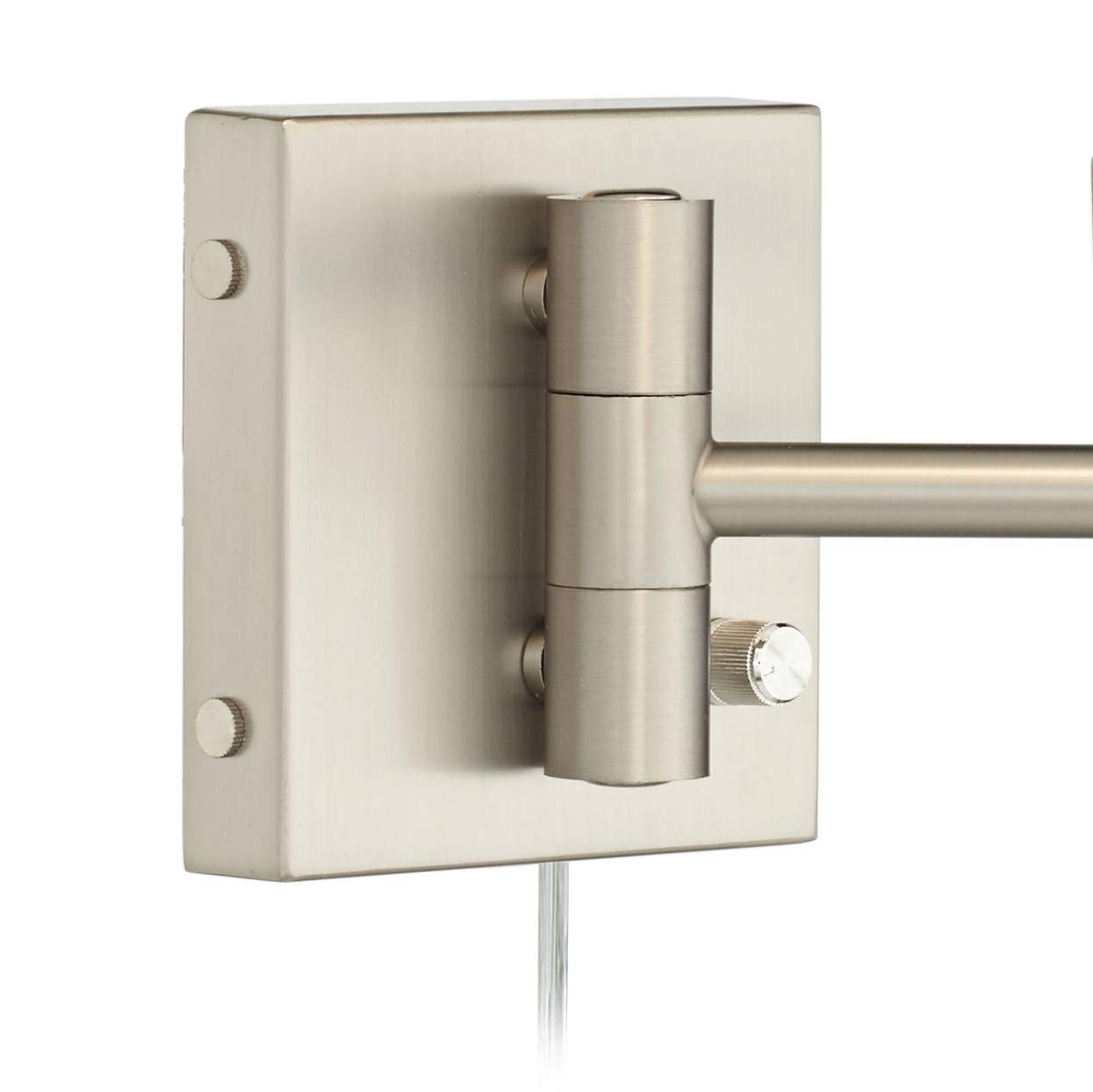 Possini Euro Design Modern Indoor Swing Arm Wall Lamp Brushed Nickel Plug-in Light Fixture Dimmable White Linen Tapered Drum Shade for Bedroom Bedside