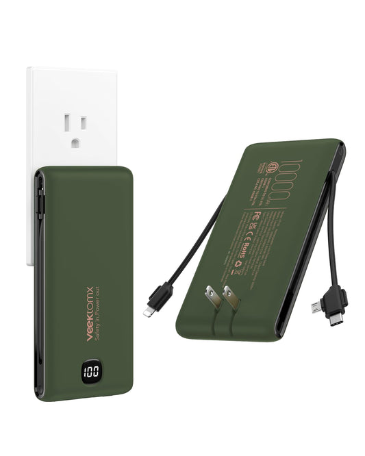 VEEKTOMX 10000mAh Portable Charger with Built-in Cables & Wall Plug