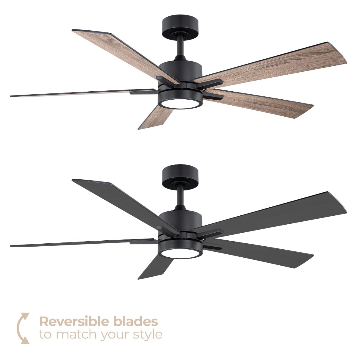 Bali 52in 5-Blade Smart Indoor or Outdoor Ceiling Fan 2700K-6000K CCT Tunable Range LED Light Kit in Matte Black with Reversible Black and Weathered