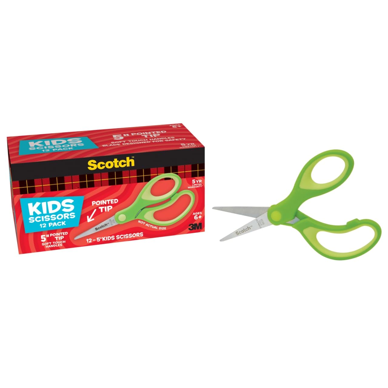 Scotch 5" Soft Touch Pointed Tip Kids Scissors, 12 Count Teacher’s Pack, Green, All-Purpose Scissors for School and Crafts (1442P-12)