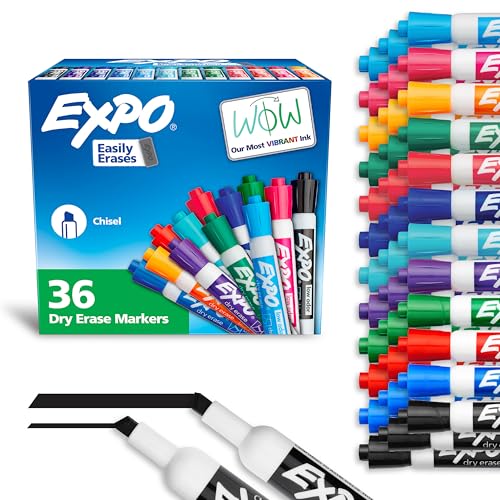 EXPO Dry Erase Markers, Low Odor Ink, Assorted Fashion Colors, Chisel Tip, 36 Count - Easily Erases, Ideal for Classroom, Home, Office, Back