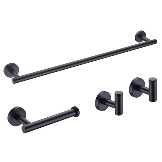 Hoooh Matte Black 4-Piece Bathroom Set, Stainless Steel Wall Mount with 24" Towel Bar, Toilet Paper Holder & 2 Robe Hooks, BS100S4B-BK