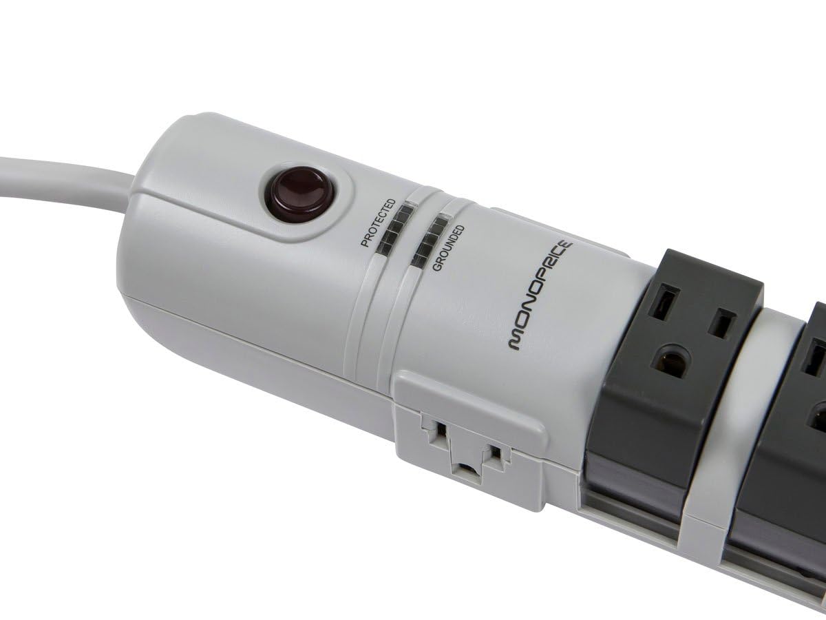 Monoprice 8 Outlet Rotating Surge Strip - UL Rated 2,160 Joules with Grounded and Protected Light Indicator, Gray