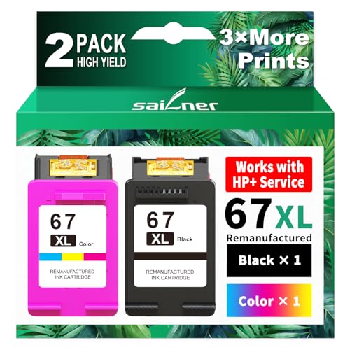 SAILNER 67XL Ink Cartridges Black/Color Combo Pack Replacement for HP Ink 67 HP67XL (2-Pack High Yield) Compatible with HP DeskJet 2755e 2855e 2700e