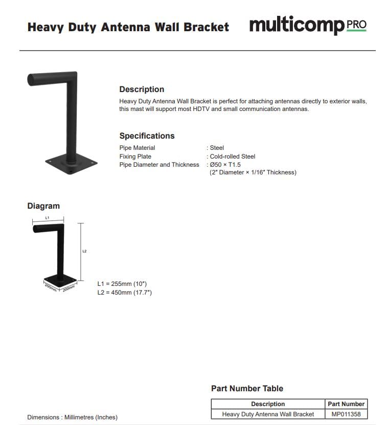 multicomp Pro Antenna Mounting Kit, Antenna Wall Bracket, Standoff, 10" x 17",HDTV, Small Communication Antennas