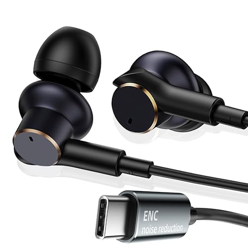 USB C Wired Headphones with Noise-Canceling Mic,Dual-Driver Noise-Isolating Wired Earbuds with Call Noise Reduction,Type C Plug Deep Bass In ear…