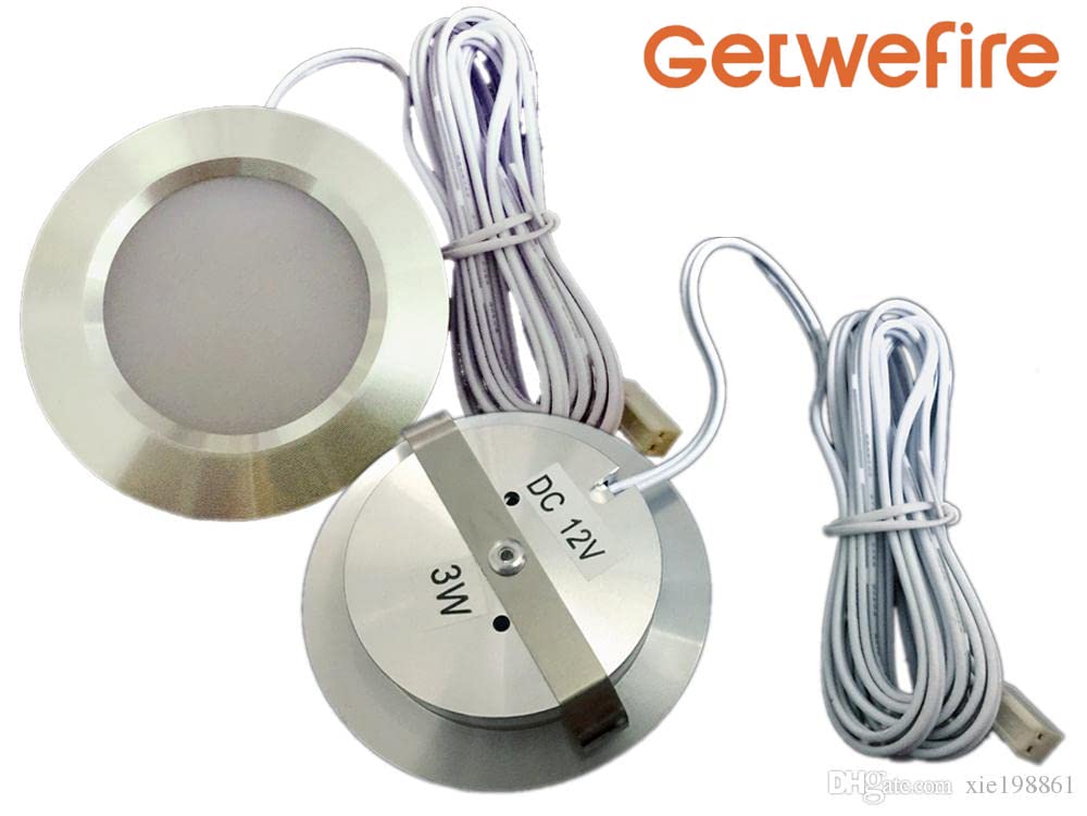Getwefire Dimmable 2pcs/Lots recessed installtion 3w DC 12v led Puck/Under Cabinet Light. led Spotlight, Pure White or Warm White with 1pcs Connection