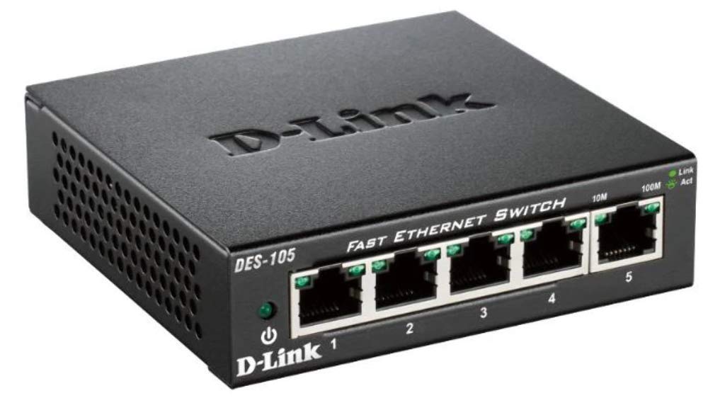 D-Link DES-105/B, Fast Ethernet Switch, 5 Port Unmanaged 10/100 Metal Fanless Desktop or Wall Mount Design