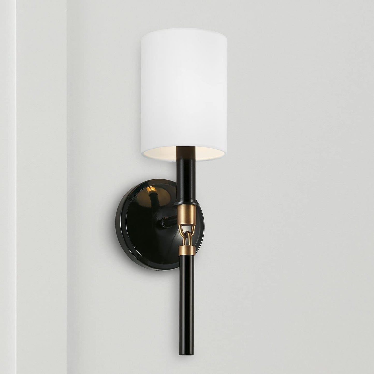 Capital Lighting 641911YA-700 Beckham Modern White Fabric Stay-Straight Shade Wall Sconce, 1-Light 60 Watt, 16" H x 5" W, Glossy Black and Aged Brass