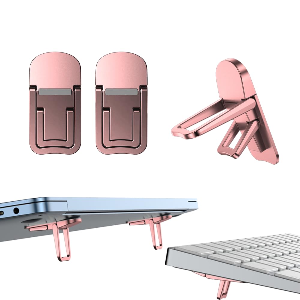 PONICOR 2PCS Metal Mini Foldable Laptop Stand, Portable Computer Keyboard Riser with 2 Adjustable Angles, Self-Adhesive Invisible Notebook Stand