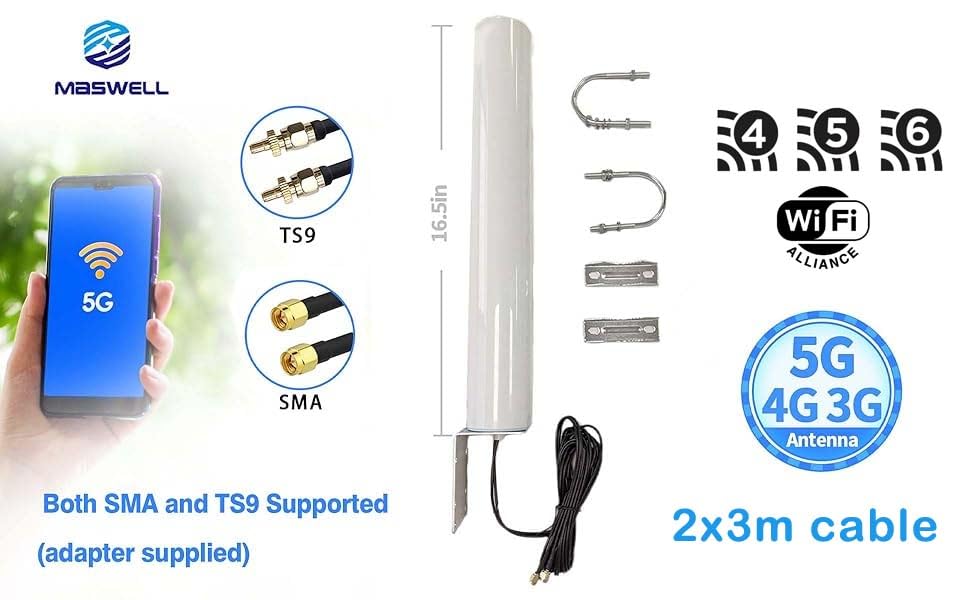 Maswell 4G LTE 5G Antenna Outdoor, 600-7000MHz 2X2 MIMO External Antenna, Up to 4.5 dBi, Cross-Polarized Omnidirectional for 4G/5G Routers & Gateways