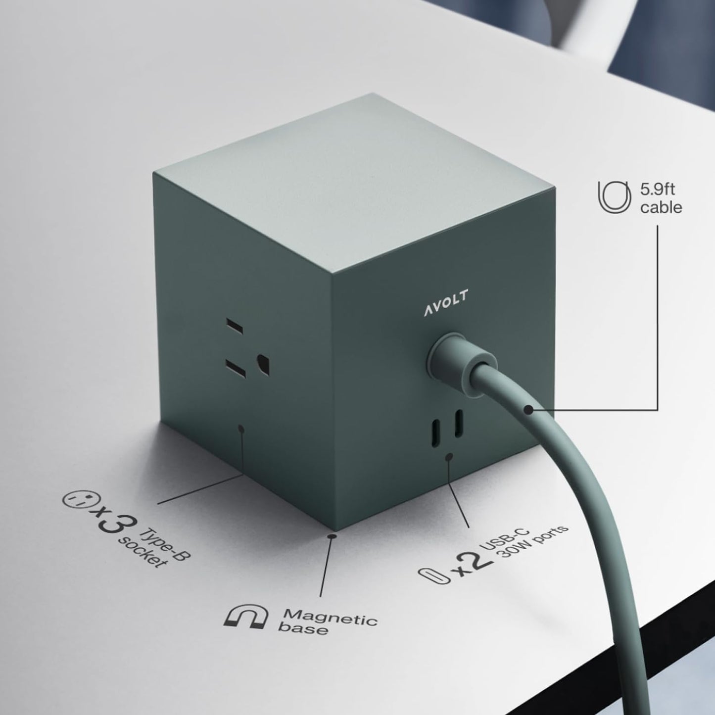 AVOLT Square 1 Power Strip with USB-C Fast Charging, Magnetic Cube Extension Cord for Desk (Oak Green, USB C - 5.9ft)