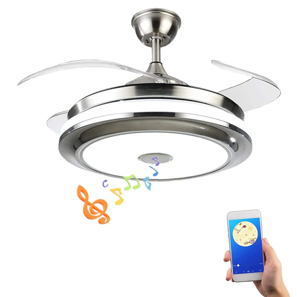 LUOLAX 36inch Modern Ceiling Fan with Lights and Bluetooth Speaker, Retractable Ceiling Chandeliers Fan with Remote Invisible Fandelier for Living