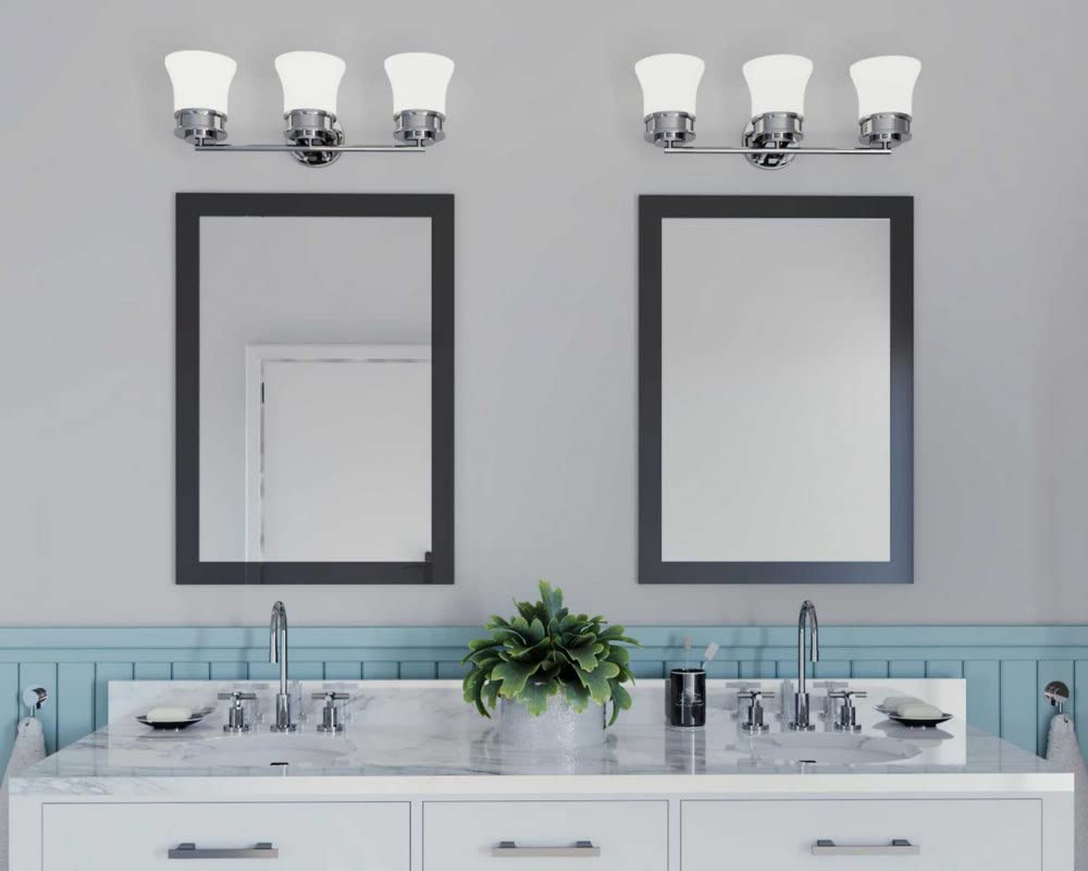 Progress Lighting 3 Light Bathroom Vanity Light, Coastal Style Modern Bath Lighting Fixture with Etched White Glass Shade for Over the Mirror