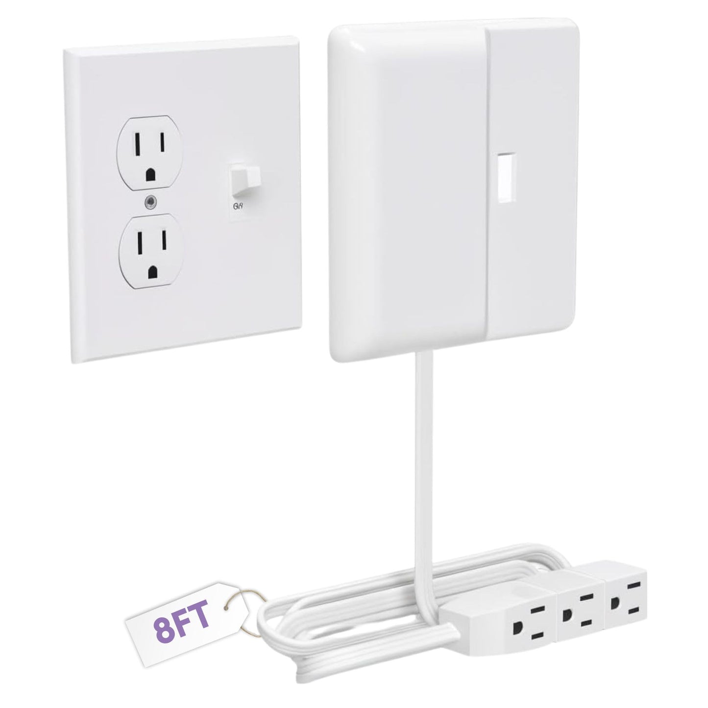 Sleek Socket Outlet & Plug Concealer for Wall Outlet with Cord Concealer Kit, 8-Foot Flat Extension Cord with Multiple Outlets Power Strip, Ideal
