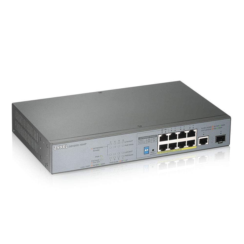 Zyxel 8-port Gigabit Unmanaged PoE+ Switch with 130 Watt Budget and 1 Gigabit Copper Port + 1 SFP, Long Range PoE Switch [GS1300-10HP]