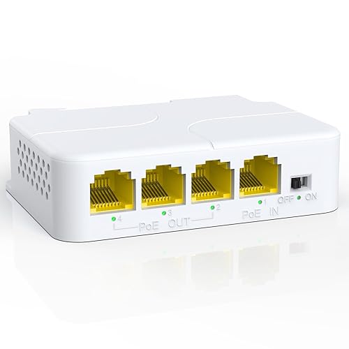 YuanLey 4 Port PoE Extender Gigabit with 3 PoE Out, IEEE 802.3af/at Mini 4 Channel Repeater 1000Mbps, VLAN, Wall and Din Rail Mount Passthrough POE