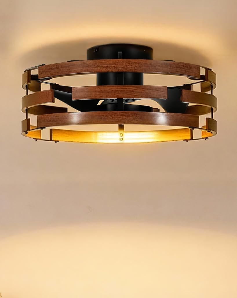 Roomratv 20'' Caged Ceiling Fan with Light, Flush Mount Fandelier, Remote