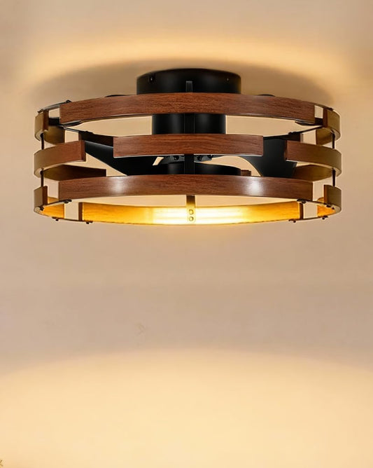 Roomratv 20'' Caged Ceiling Fan with Light, Flush Mount Fandelier, Remote