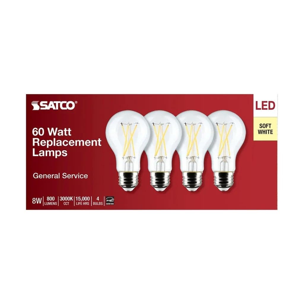 Satco S12463, A19 LED Bulbs, 8W, Clear, 3000K, Dimmable, 4-Pack, Light Bulb