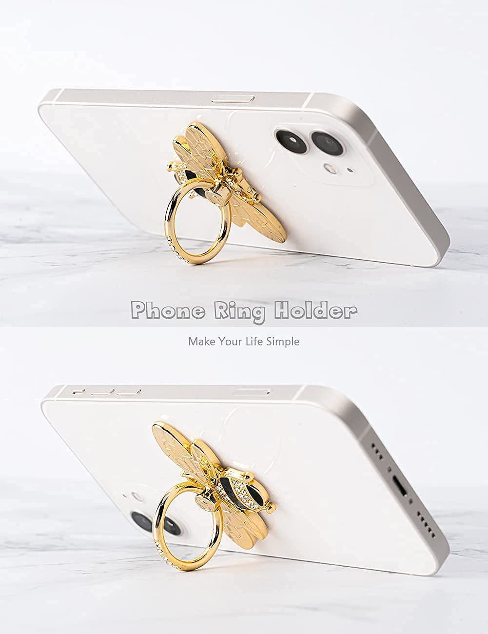 Allengel Bee Phone Ring Holder Finger Kickstand with Crystal, Cute Phone Ring Grip Holder for iPhone or Smartphone Cases, Gold Black