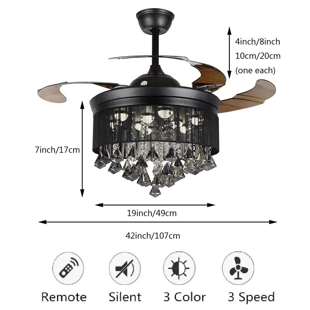 Cretifity 42 inches Crystal Black Ceiling Fan with Light, Round Drum Crystal Chandelier Fan with Retractable Blade, Timing 3 Speeds 3 Colors Change