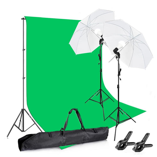 Photography Background Stand Support System with Muslin Backdrop (Chromakey Green Screen kit) 85W 5500K LED Bulb with Umbrella Lighting Kit for Photo