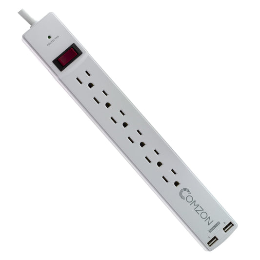 Comzon Surge Protector 6 Outlets Power Strip with 2 USB Ports, 2.4A, 360 Degree Flat Rotating Plug, EMI/RFI Noise Filter, White, 6 Foot Power Cord