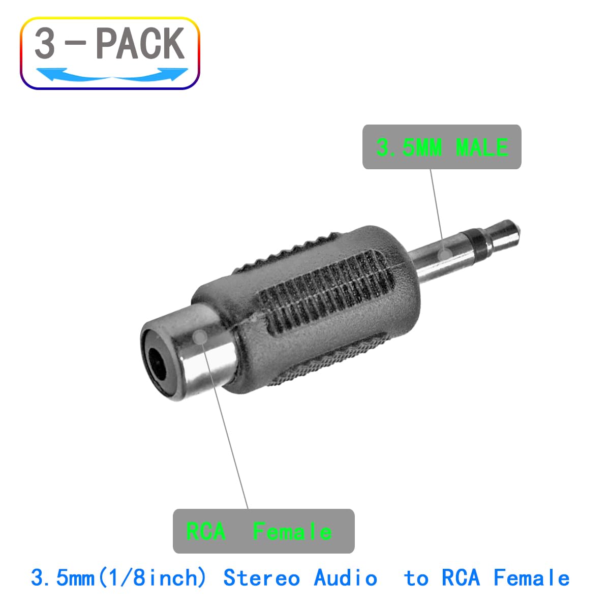 3.5mm Male to RCA Female Audio Adapter, 3-Pack, 21mm Length, Stereo Connector