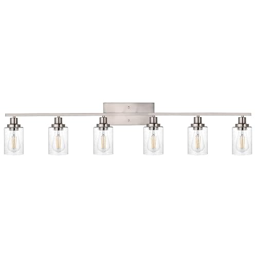 WINSHEN 6-Lights Bathroom Vanity Light Fixtures with Seeded Glass Lampshades, 45.3-Inches Length Modern Brushed Nickel Wall Light Fixture for Kitchen