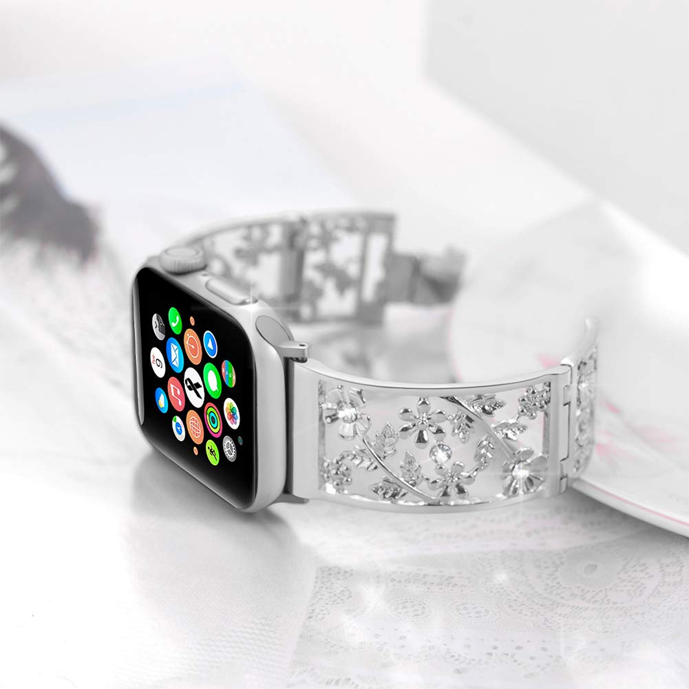 Duoan Floral Band Compatible with Apple Watch Jewelry Band 38mm 40mm 41mm 42mm iWatch Bands Series 11 10 9 8 7,Bling Crystal Bracelet Hollow Metal