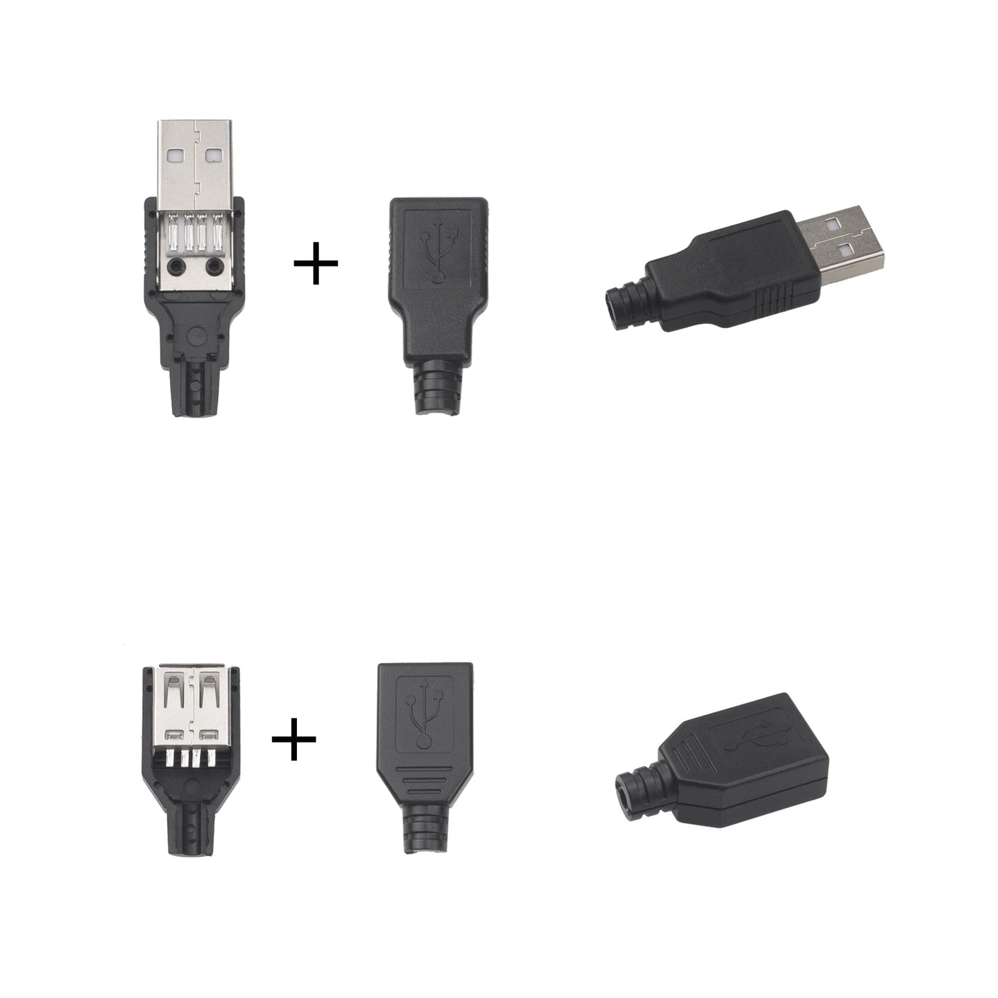 Rrina 20Pcs USB 2.0 Connector Type A Male Female 4 Pin Plug Jack Socket with Black Plastic Cover DIY