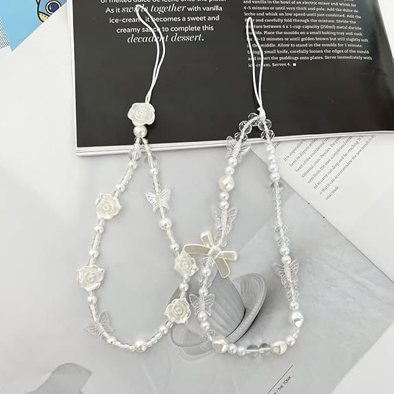 SelHeng 2Pcs White Mobile Phone Lanyard Universal Phone Chain Black Bow White Pearl Beaded Phone Lanyard Wrist Strap Anti Lost Phone Charm Strap