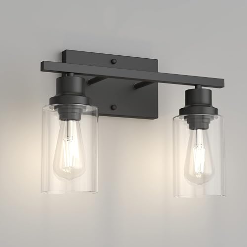 Tipace Industrial Vanity Light Fixture,2-Light Matte Black Bathroom Lighting with Clear Glass Shades Wall Sconces Fixture (Bulb not Include)