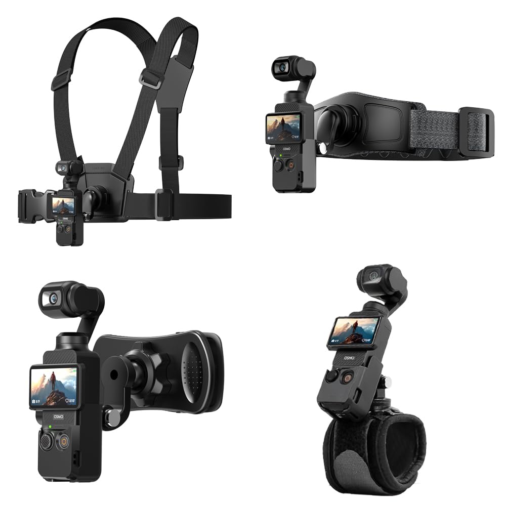 SUREWO 4 in 1 DJI Osmo Pocket 3 Accessories Kit,Quick Release Chest Mount Harness/Quick Release Head Strap Mount/ 360°Rotating Wrist Strap/Quick Clip