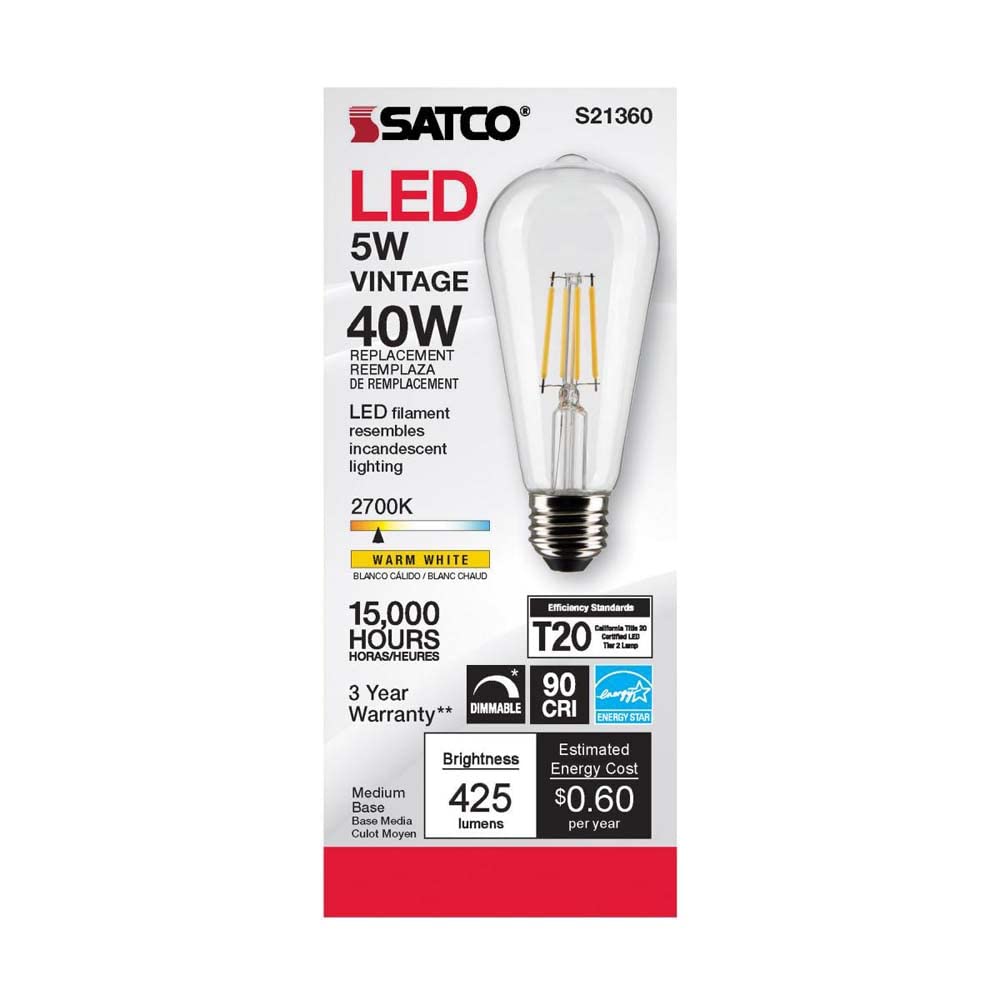Satco 6Pk 5w ST19 LED 2700K Medium Base Dimmable - 40w equiv