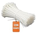 Zeluga 12-377 12inch 1000 Pcs Indoor and Outdoor 50 Lbs Tensile Strength UV Resistant Cable Zip Tie, White