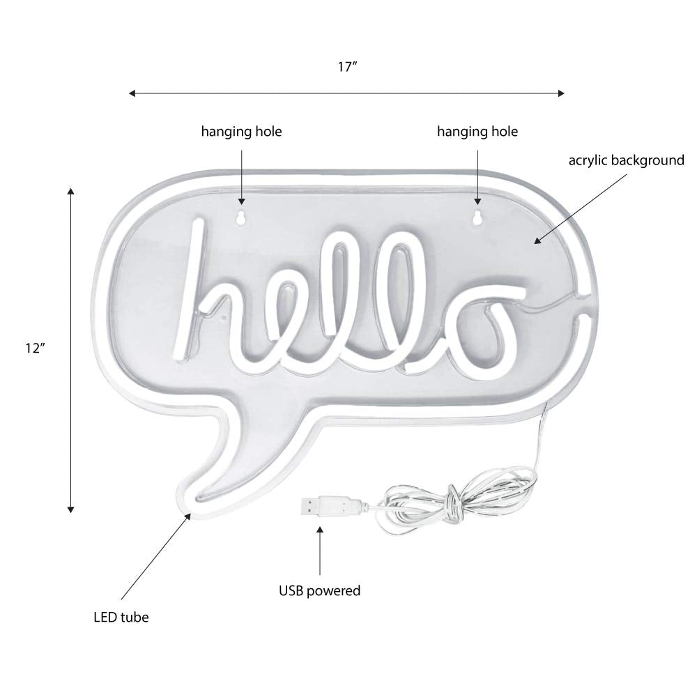 Isaac Jacobs 17” x 12” inch LED Neon ‘White & Pink “hello” Word Bubble’ Wall Sign for Cool Light, Wall Art, Bedroom Decorations, Home Accessories